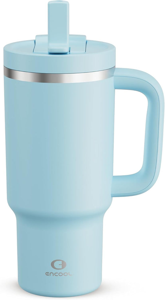 ENCOOL 32 oz Tumbler with Handle and Straw: Stainless Steel Insulated Tumbler Keeps Cold for 24 Hours, Leakproof Travel Cup Fits in Cup Holder and BPA-Free,Pewter Blue