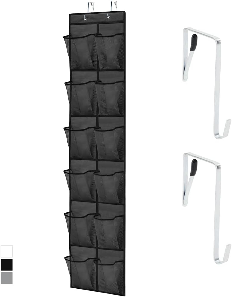 GORILLA GRIP Over the Door Shoe Organizer, 12 Large Breathable Mesh Pockets, Space Saving Hanging Storage Holder, 2 Hook Closet Rack Hanger, Hangs on Closets for Shoes, Accessories, 64H x 9.5W Black