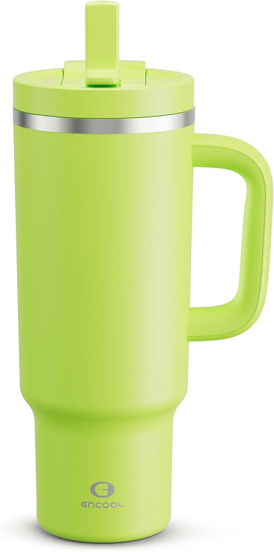40 oz Tumbler with Handle and Straw: Stainless Steel Insulated Tumbler Keeps Cold for 24 Hours, Leakproof Travel Cup Fits in Cup Holder and BPA-Free,Sharp Green