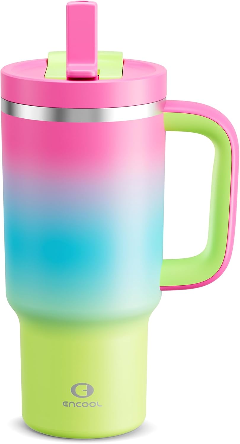 ENCOOL 32 oz Tumbler with Handle and Straw: Stainless Steel Insulated Tumbler Keeps Cold for 24 Hours, Leakproof Travel Cup Fits in Cup Holder and BPA-Free, Lime Sorbet