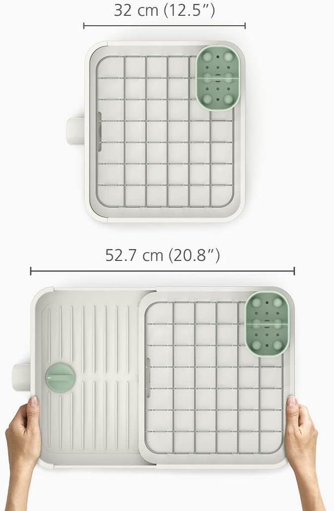 Joseph Joseph Extend Expandable Dish Drainer Rack with Removable Flatware Holder Swivel Draining Spout - Stone/Sage Green