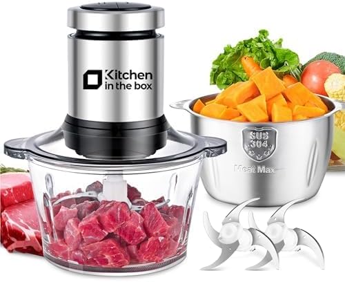 Kitchen in the box Food Processor, Electric Meat Grinder & Food Chopper with 400W Powerful Veggie Chopper-2 Bowls（8 Cup+8 Cup） & 2 Bi-Level Blades for Meat/Fish/Vegetable/Baby Food（Black Button）