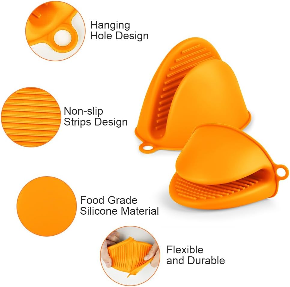 AUAUY 1 Pair Mini Silicone Oven Mitts, Heat Resistant Pot Holders Mitts, Cute Oven Pinch Grip Gloves, Small Potholders for Kitchen, Air Fryer Mitts Pair for Cooking, Baking and Grilling (Orange)