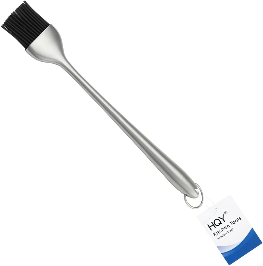 Heavy-duty BBQ Basting Brush by HQY - Silicone Bristles with 12 Inch Stainless Steel Handle - Make Grilling Easy - 5 Year Guarantee