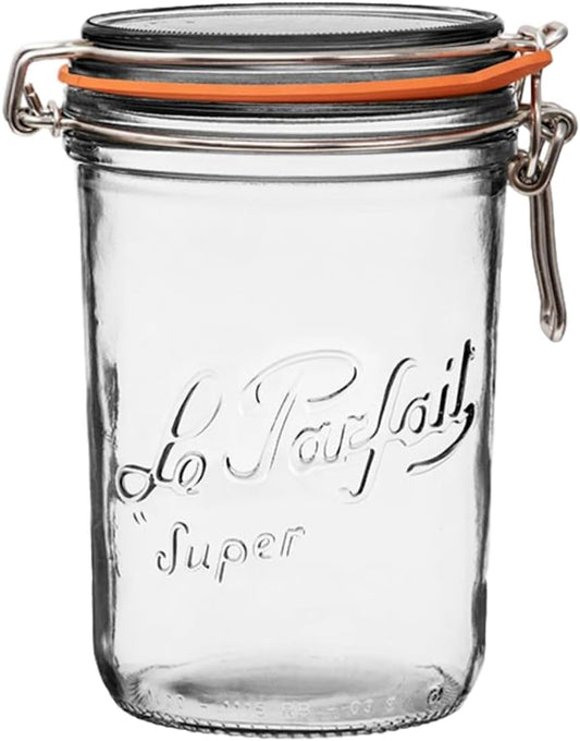 Le Parfait Super Terrine - 1L French Glass Canning Jar w/Straight Body, Airtight Rubber Seal & Glass Lid, 32oz/Quart (Single Jar)