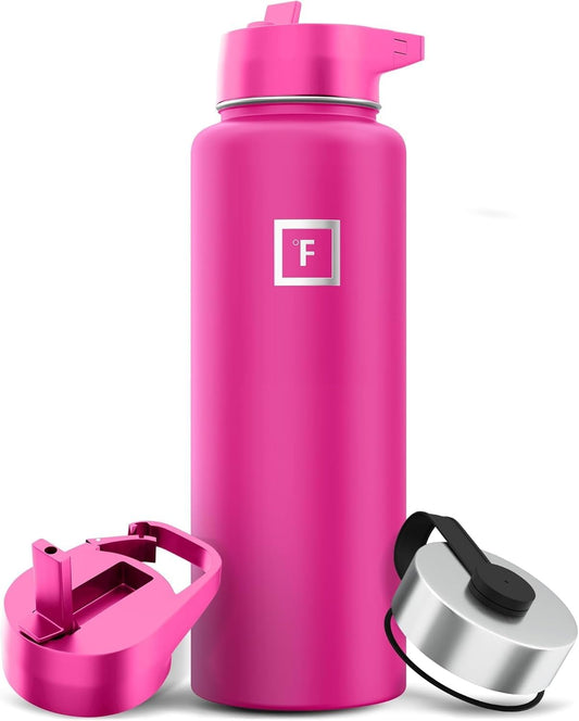 IRON °FLASK Camping & Hiking Hydration Flask with Straw, Wide Mouth Insulated Stainless Steel Sports Water Bottle - 40 oz Pink Tulip
