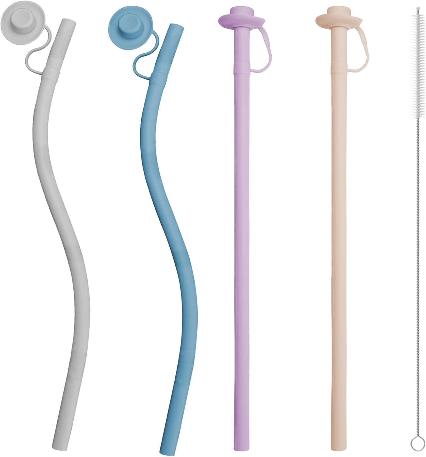 4PCS Reusable Silicone Straws with Cover, Bite-Safe, 12”Long Collapsible Drinking Straws for Stanley Owala Cups, Tumblers & Travel – Trim to Fit Any Cup (Purple,Blue,Pink,Grey)