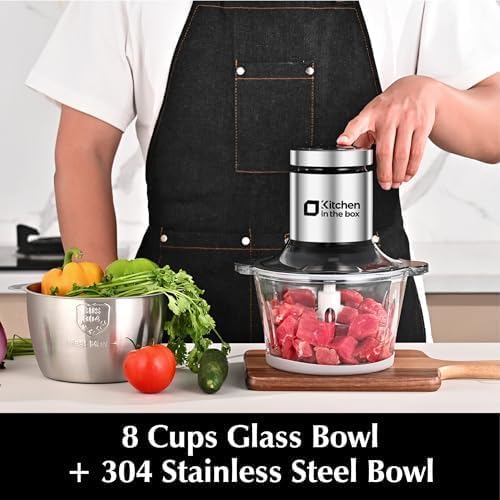 Kitchen in the box Food Processor, Electric Meat Grinder & Food Chopper with 400W Powerful Veggie Chopper-2 Bowls（8 Cup+8 Cup） & 2 Bi-Level Blades for Meat/Fish/Vegetable/Baby Food（Black Button）