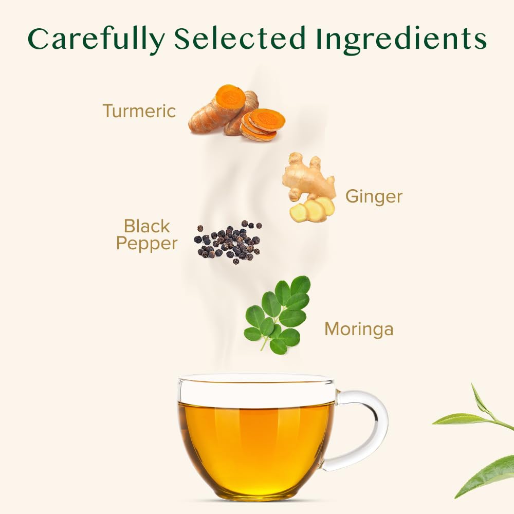 VAHDAM, Turmeric Moringa Tea Bags (100 Herbal Tea Bags) Caffeine Free, Non GMO | 100% Pure Herbal Blend - Sweet & Earthy | Resealable Ziplock Pouch