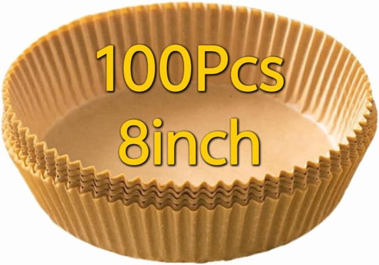 100 sheets of 8-inch food grade air fryer baking paper with three-dimensional folds that are easy to spread, healthy, odorless, oil resistant, and adhesive resistant. Easy to use and worry free