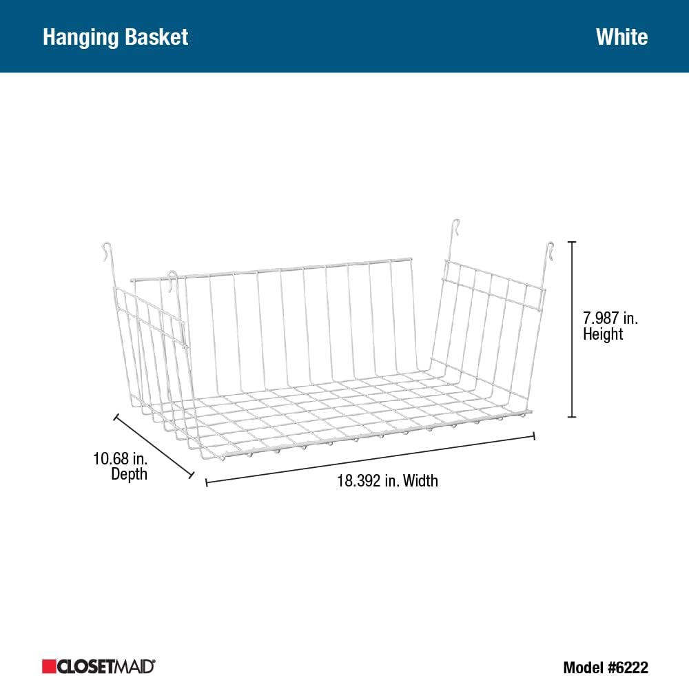 ClosetMaid Wire Hanging Shelf Basket for Storage, Organization in Closet or Pantry, No Assembly or Installation, Durable, 10.68"D x 18.39"W x 7.99"H, White