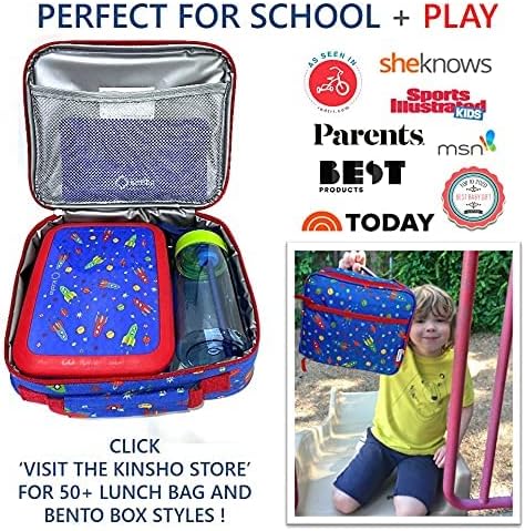 kinsho Bento Lunch Box, Water Bottle, Ice Pack Set for Kids Toddlers, 5 Portion Sections, Removable Plastic Tray, Pre-School Kid Toddler Daycare Lunches, Snack Container, Blue Space Rocket