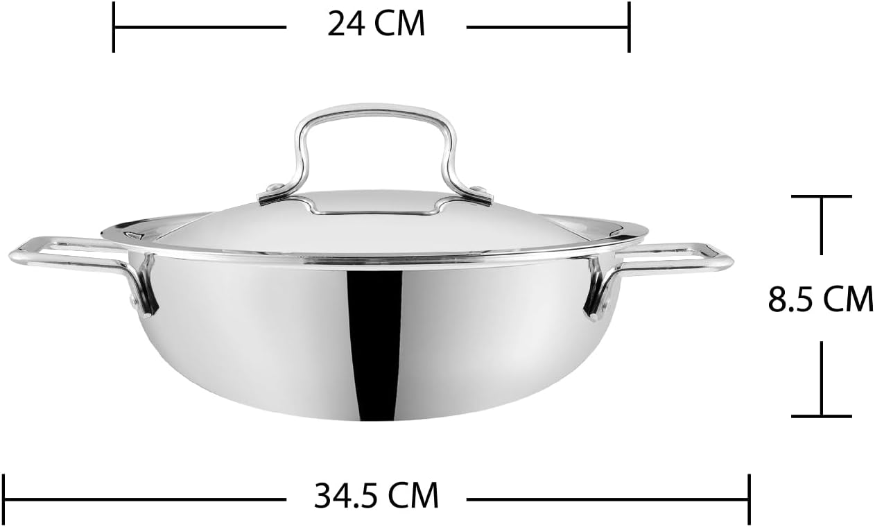Vinod Platinum Triply Stainless Steel Kadai | Suitable For Indian Cooking, Sauces, Stews, Soups | Extra Deep, Induction, Electric Friendly (24cm)