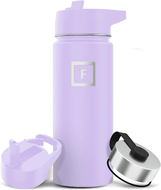 IRON °FLASK Camping & Hiking Hydration Flask with Straw, Wide Mouth Insulated Stainless Steel Sports Water Bottle - 18 oz Lavender