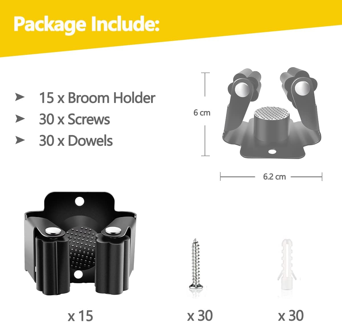 6 Pack Broom Holder Wall Mount, Stainless Steel Command Broom Holder with Screws, Mop Wall Mount Holder,Garden Tool Rack Wall Mount for Kitchen, Home, Bathroom, Garage Storage (15 Pack)