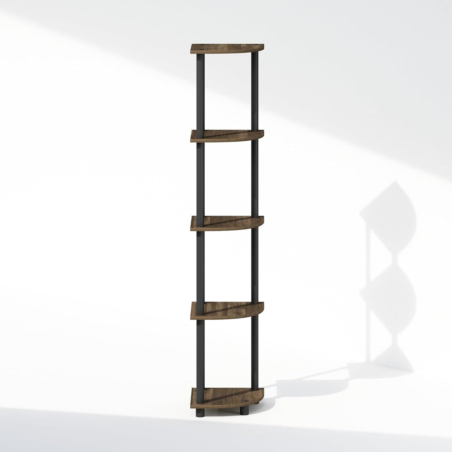 Furinno Turn-N-Tube Corner Shelf, 5-Tier Corner Display Rack, Shelving Unit, for Organization and Storage, Living Room, Home Office, Garage, Bedroom, Columbia Walnut
