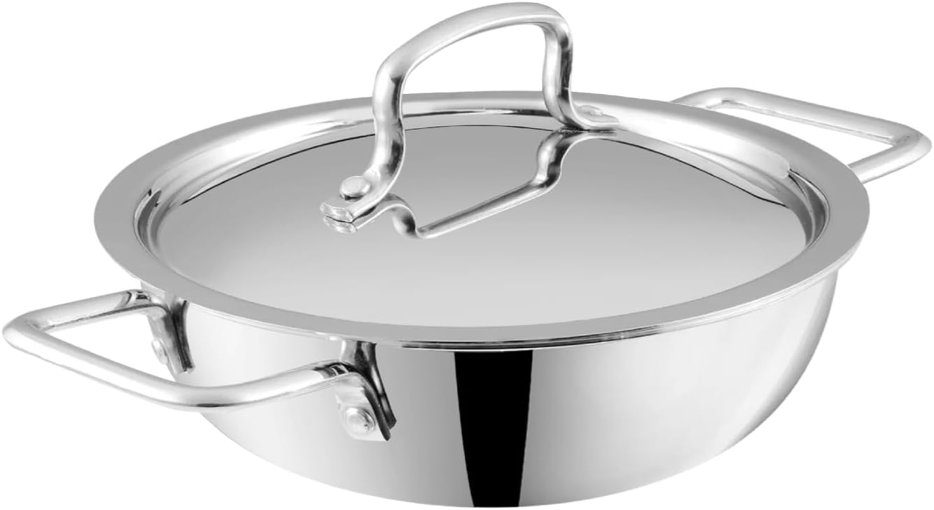 Vinod Platinum Triply Stainless Steel Kadai | Suitable For Indian Cooking, Sauces, Stews, Soups | Extra Deep, 20cm Induction, Electric Friendly