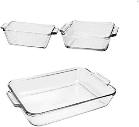 Anchor Hocking Glass Baking Dishes for Oven, 3 Piece Set (3 Qt Glass Casserole Dish, Cake Pan, and Bread Pan)