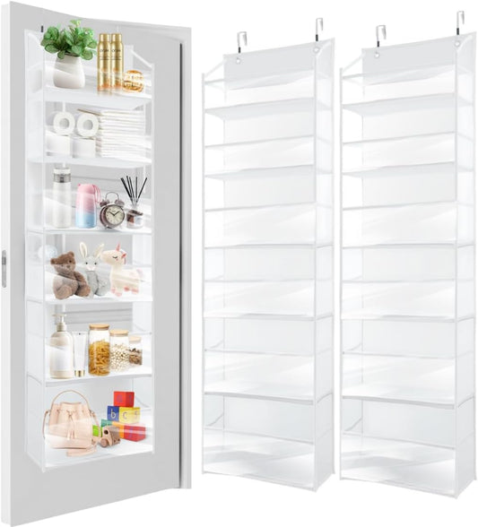 HOMELUX THEORY 2 PC Heavy Duty Over the Door Organizer 55x14x6.7, 6 Large Front & 12 Side Pockets, Hanging Storage Closet Door Organizer for Bedroom, Bathroom and Baby Nursery Storage (Transparent)
