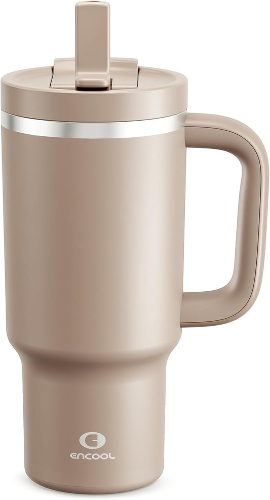 ENCOOL 32 oz Tumbler with Handle and Straw: Stainless Steel Insulated Tumbler Keeps Cold for 24 Hours, Leakproof Travel Cup Fits in Cup Holder and BPA-Free,Raw Umber