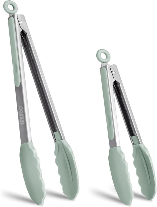 Kitchen Tongs, Stainless Steel Silicone Tongs for Cooking 600ºF High Heat-Resistant BBQ Grilling Locking Tongs, Set of 2-9" and 12" Light Green