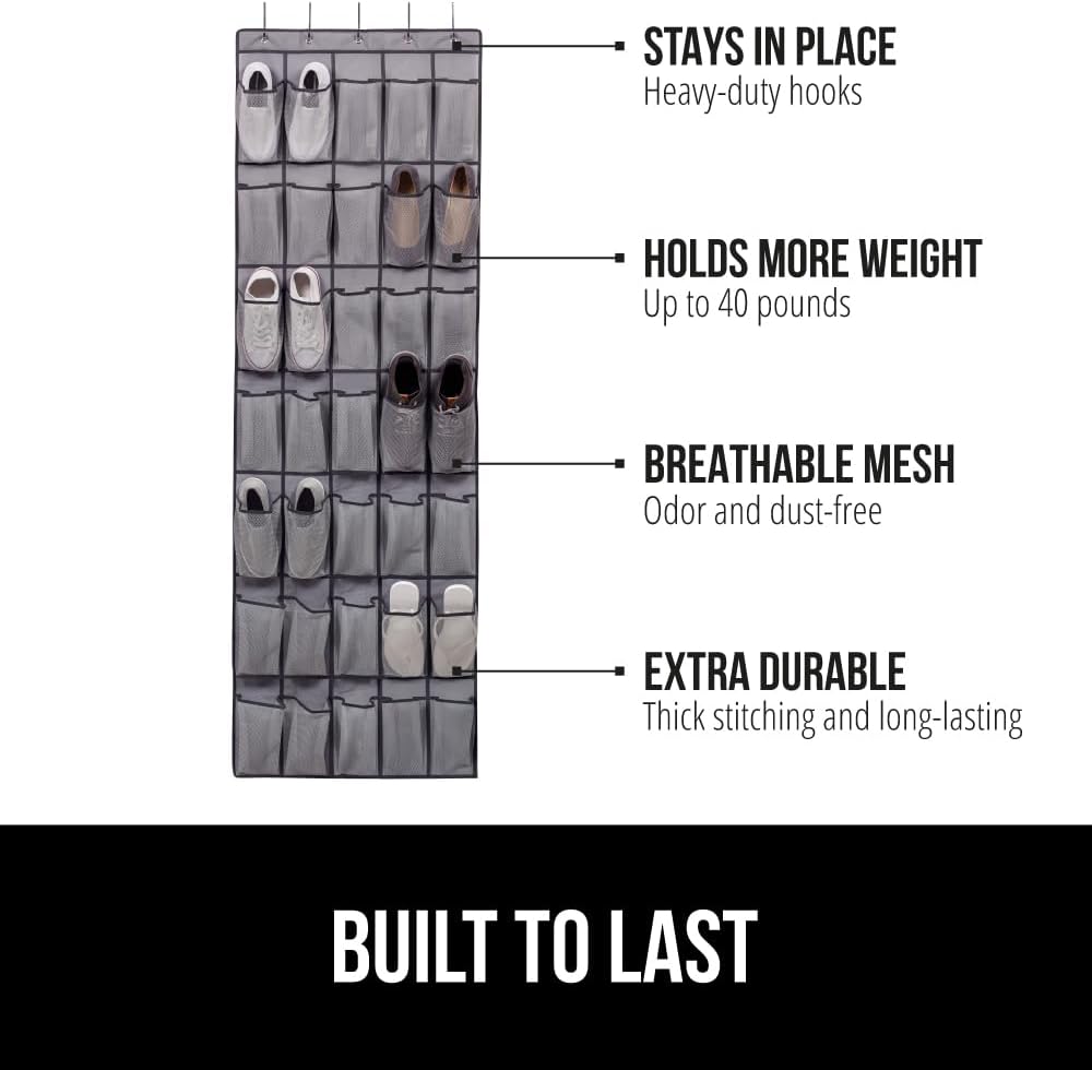 GORILLA GRIP Over the Door Shoe Organizer, 35 Large Breathable Mesh Pockets, Space Saving Hanging Storage Holder, 5 Hook Closet Rack Hanger, Hangs on Closets for Shoes, Accessories 68.5H x 24.5W Gray