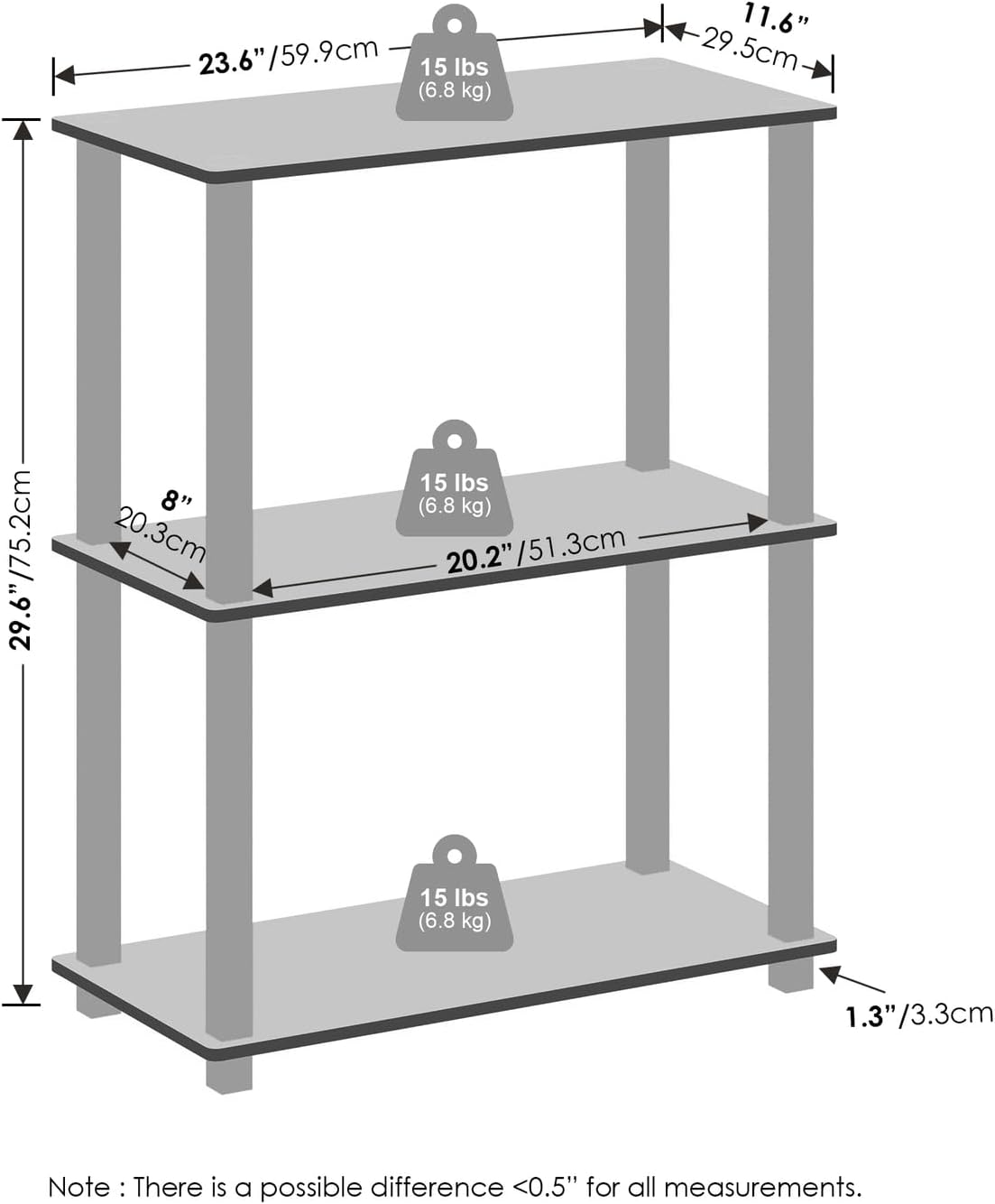Furinno Turn-S-Tube Storage Shelves Set of 2, 3-Tier Book Shelf, Corner Shelf, Toolless Open Shelves, Square Tubes, for Organization and Storage, Living Room, Garage, Home Office, Amber Pine