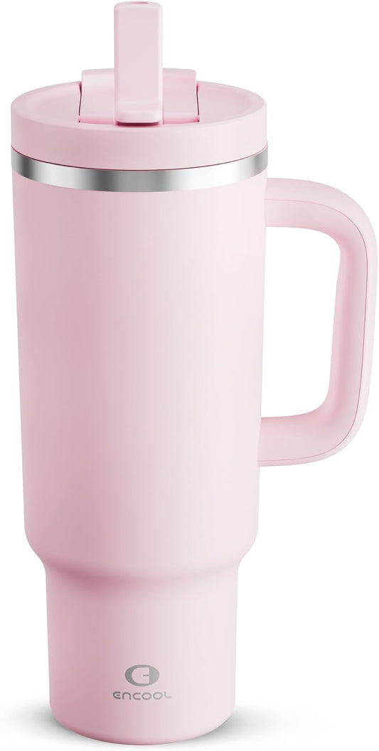 40 oz Tumbler with Handle and Straw: Stainless Steel Insulated Tumbler Keeps Cold for 24 Hours, Leakproof Travel Cup Fits in Cup Holder and BPA-Free, Cotton Candy