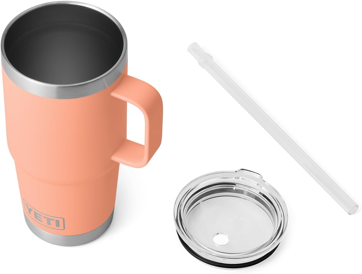 YETI Rambler 25 oz Tumbler with Handle and Straw Lid, Travel Mug Water Tumbler, Vacuum Insulated Cup with Handle, Stainless Steel, Lowcountry Peach