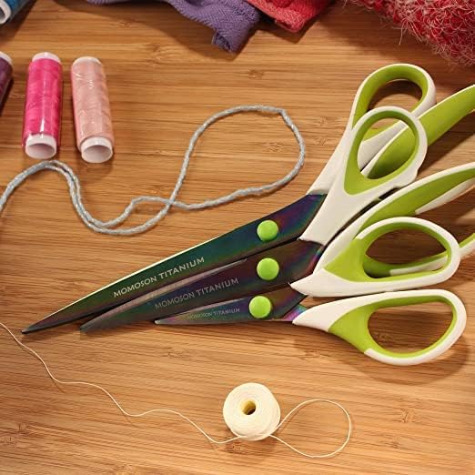BambooMN Titanium Softgrip Scissors Set for Sewing, Arts, Crafts, Office - 30 Sets of 3 - White w/Green Inlays