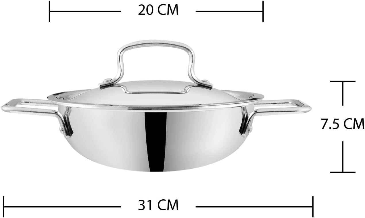 Vinod Platinum Triply Stainless Steel Kadai | Suitable For Indian Cooking, Sauces, Stews, Soups | Extra Deep, 20cm Induction, Electric Friendly