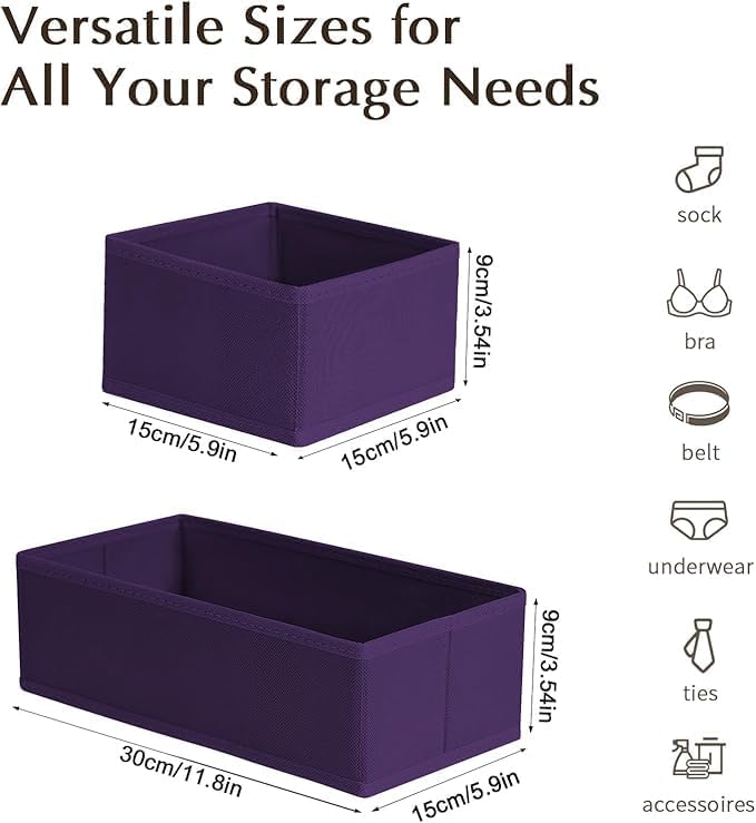 DIMJ Drawer Organizers Clothes, Set of 12 Dresser Organizer Bins, Fabric Closet Organizers and Storage, Shallow Drawer Dividers for Nursery, Clothing, Baby Clothes, Socks, Underwears, Tie (Purple)