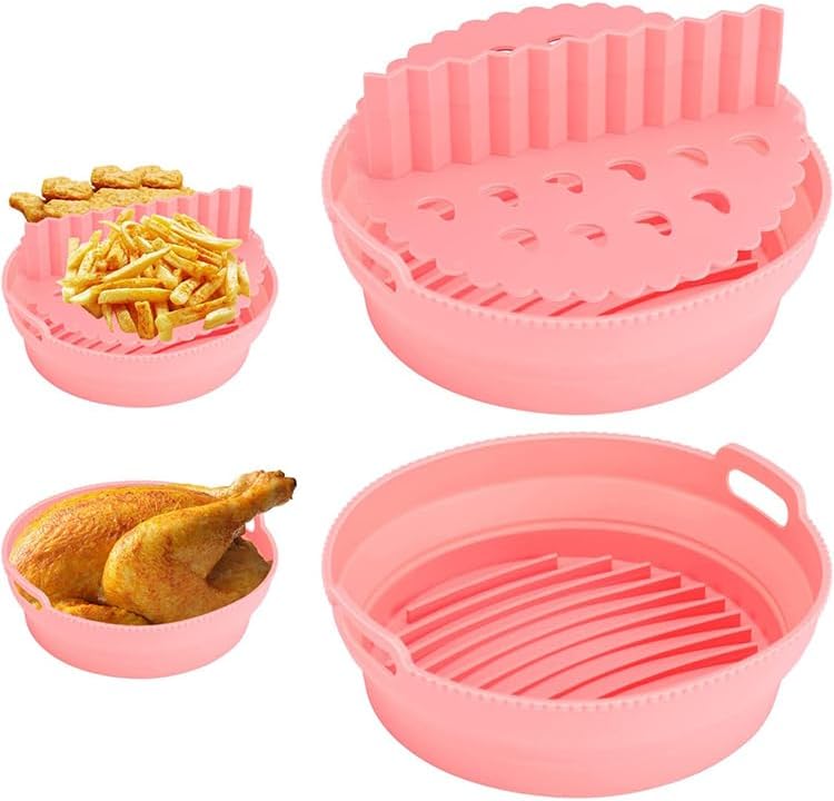 Silicone Air Fryer Liner 8.6" Round for 5–8 QT, With Divider Split for 2 Flavors, Reusable Non-Stick Collapsible Pot Liner, Dishwasher Safe, Heat-Resistant 446°F, RED, 1 Pack