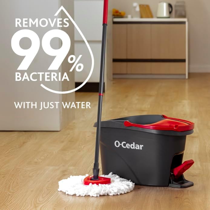 O-Cedar Easywring Microfiber Spin Mop & Bucket Floor Cleaning System with 1 Extra Refill,Red / Gray