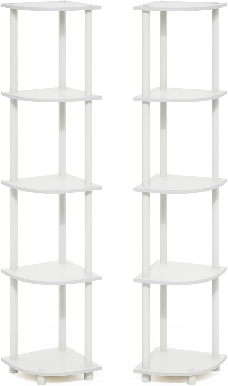 Furinno Turn-N-Tube Corner Shelf Set of 2, 5-Tier Corner Bookshelf, Open Storage Shelves, for Organization and Storage, Living Room, Home Office, Garage, White