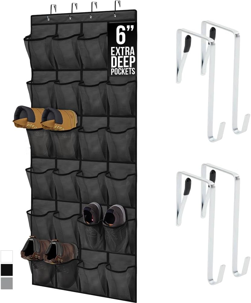 GORILLA GRIP Over the Door Shoe Organizer, 24 Extra Large Breathable Mesh Pockets, Space Saving Hanging Storage Holder, 4 Hook Closet Rack Hanger, Hangs on Closets for Shoes and Accessories, Black