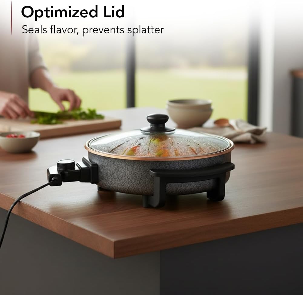 OVENTE 12 Inch Electric Skillet and Frying Pan with Nonstick Coating, 1400W Power, Adjustable Temperature Control, Tempered Glass Lid with Vent and Cool Touch Handles, Copper SK11112CO