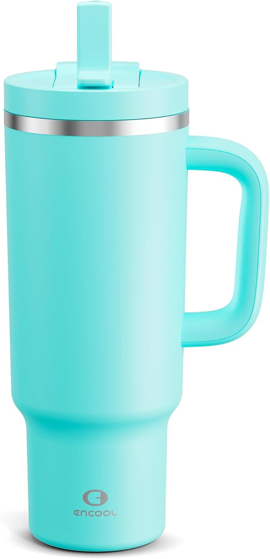 40 oz Tumbler with Handle and Straw: Stainless Steel Insulated Tumbler Keeps Cold for 24 Hours, Leakproof Travel Cup Fits in Cup Holder and BPA-Free,Aquamarine Blue