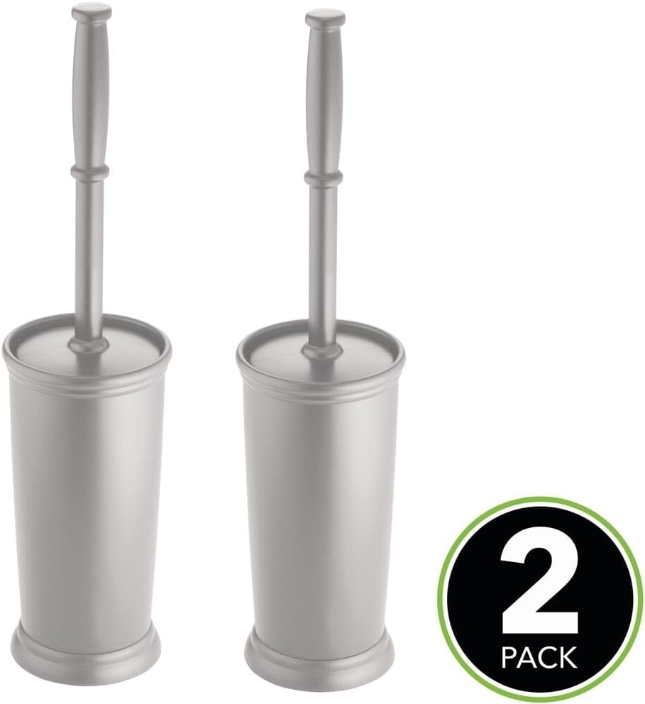 mDesign Toilet Bowl Brush and Holder - Covered Bathroom Brush - Standing Scrubber in Modern Holder - Space Saving, Deep Cleaning for Toilet - 2 Pack, Silver