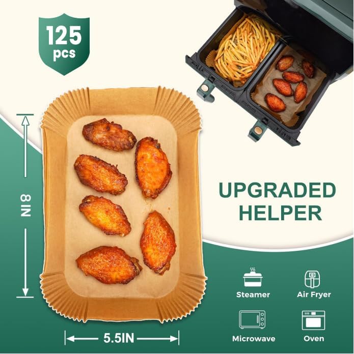 125Pcs Air Fryer Liners Disposable for Dual Basket, 8x5.5 Inch Rectangle Parchment Paper for Ninja DZ201 DZ401, Chefman/COSORI 2-Basket Air Fryer, Oil Proof Paper Liner by Vailnd