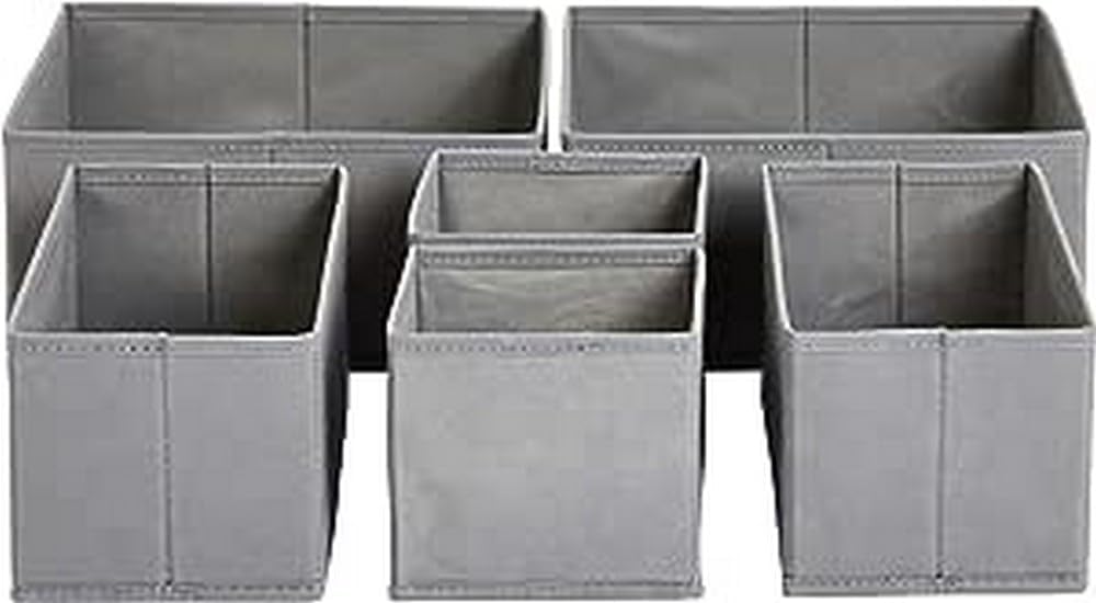 Amazon Basics Cloth Drawer Storage Organizer Boxes for Socks, Underwear and Baby Items, Set of 6, Gray
