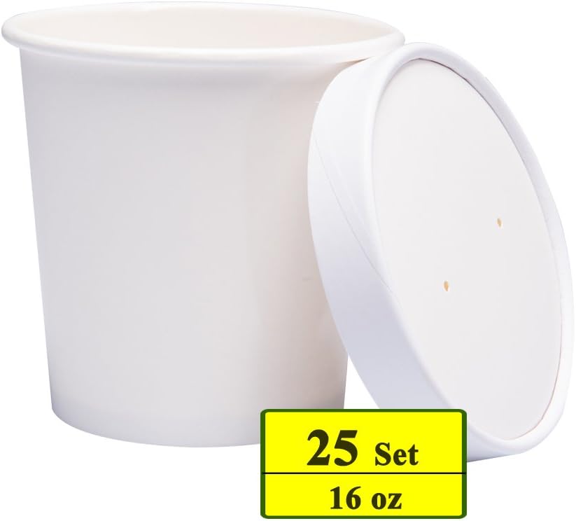 Paper Ice Cream Cups with Paper Lids, Hot/Cold Soup Cups with Lids (White) (25, 16 oz)