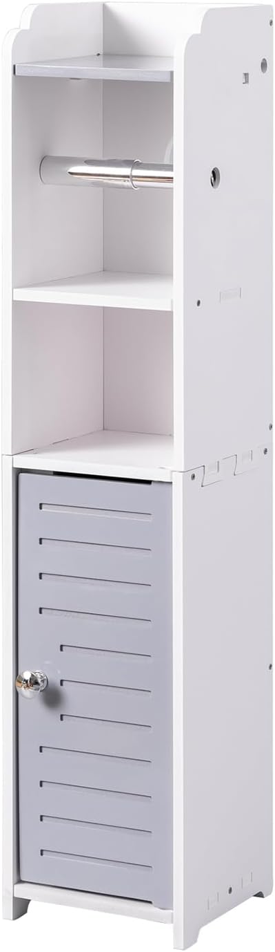AOJEZOR Toilet Paper Holder Stand: Small Bathroom Storage Cabinet - Light Grey - White