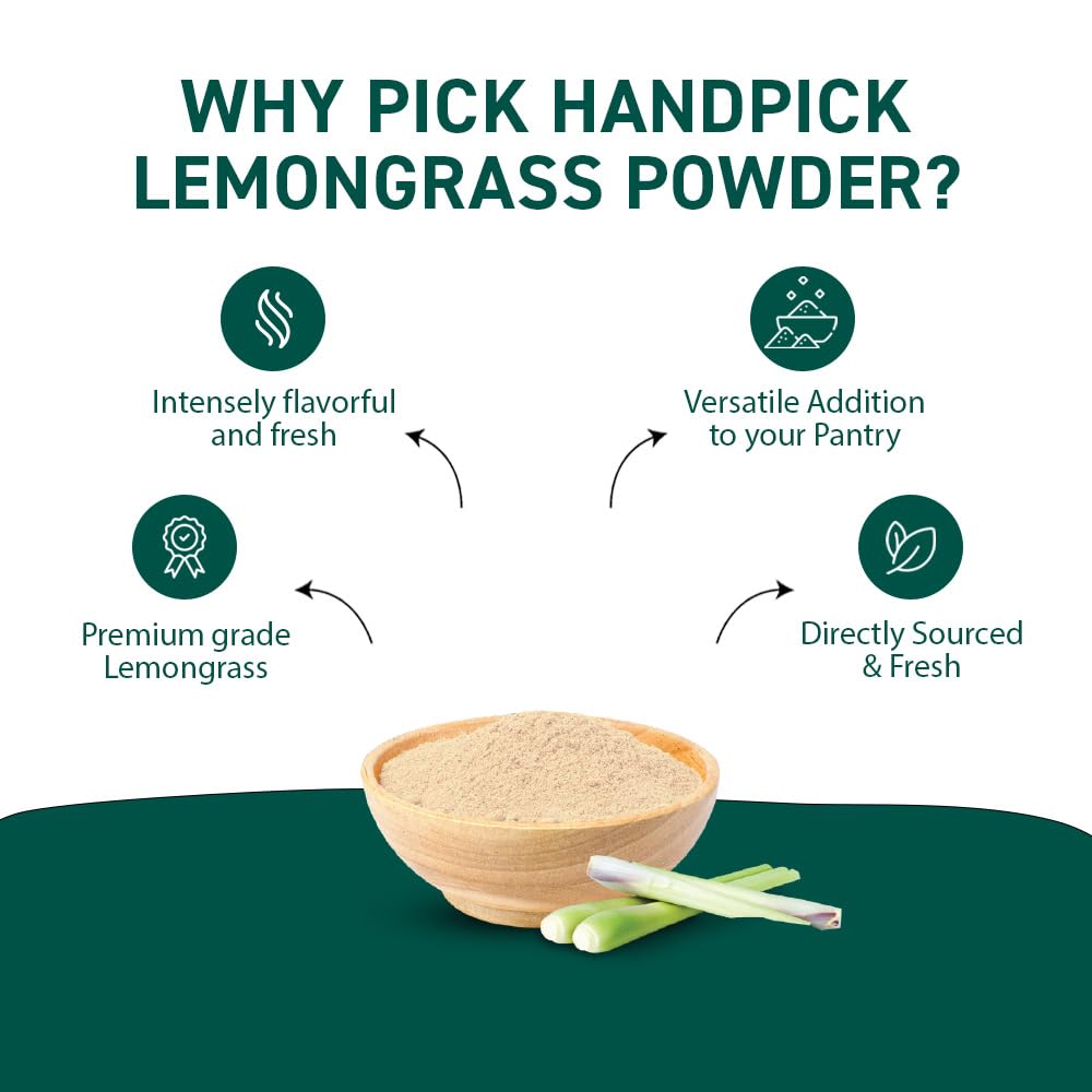 HANDPICK Lemongrass Powder (226g/8oz) Non GMO, Gluten Free, 100% Raw, Sourced from India, For Cooking, Smoothies, Tea, Packed in Resealable Ziplock Pouch