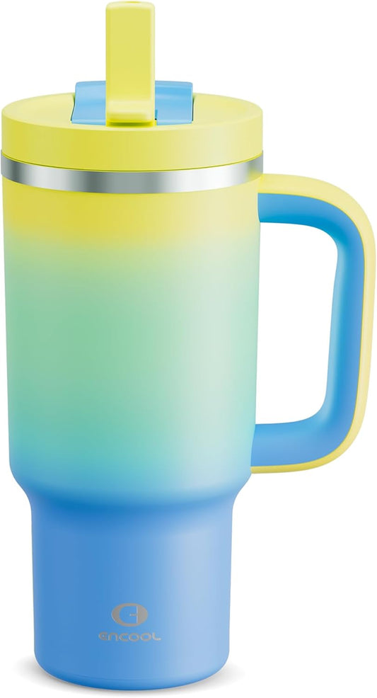 32 oz Tumbler with Handle and Straw: Stainless Steel Insulated Tumbler Keeps Cold for 24 Hours, Leakproof Travel Cup Fits in Cup Holder and BPA-Free, Soft Lagoon