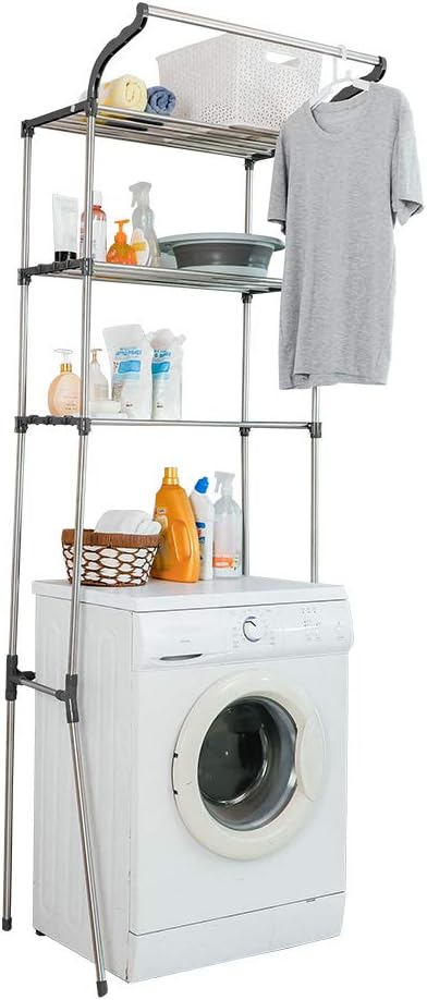 BAOYOUNI 3-Tier Over The Laundry Shelf Above Toilet Washing Machine Dryer Storage Utility Rack Clothes Hanger Rod Standing Bathroom Organization Space Saving Shelving Units, Grey