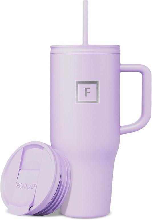 IRON °FLASK Co-Pilot Insulated Mug w/Straw & Flip Cap Lids - Cup Holder Bottle for Hot, Cold Drink - Leak-Proof - Water, Coffee Portable Travel Mug - Lavender, 32 Oz