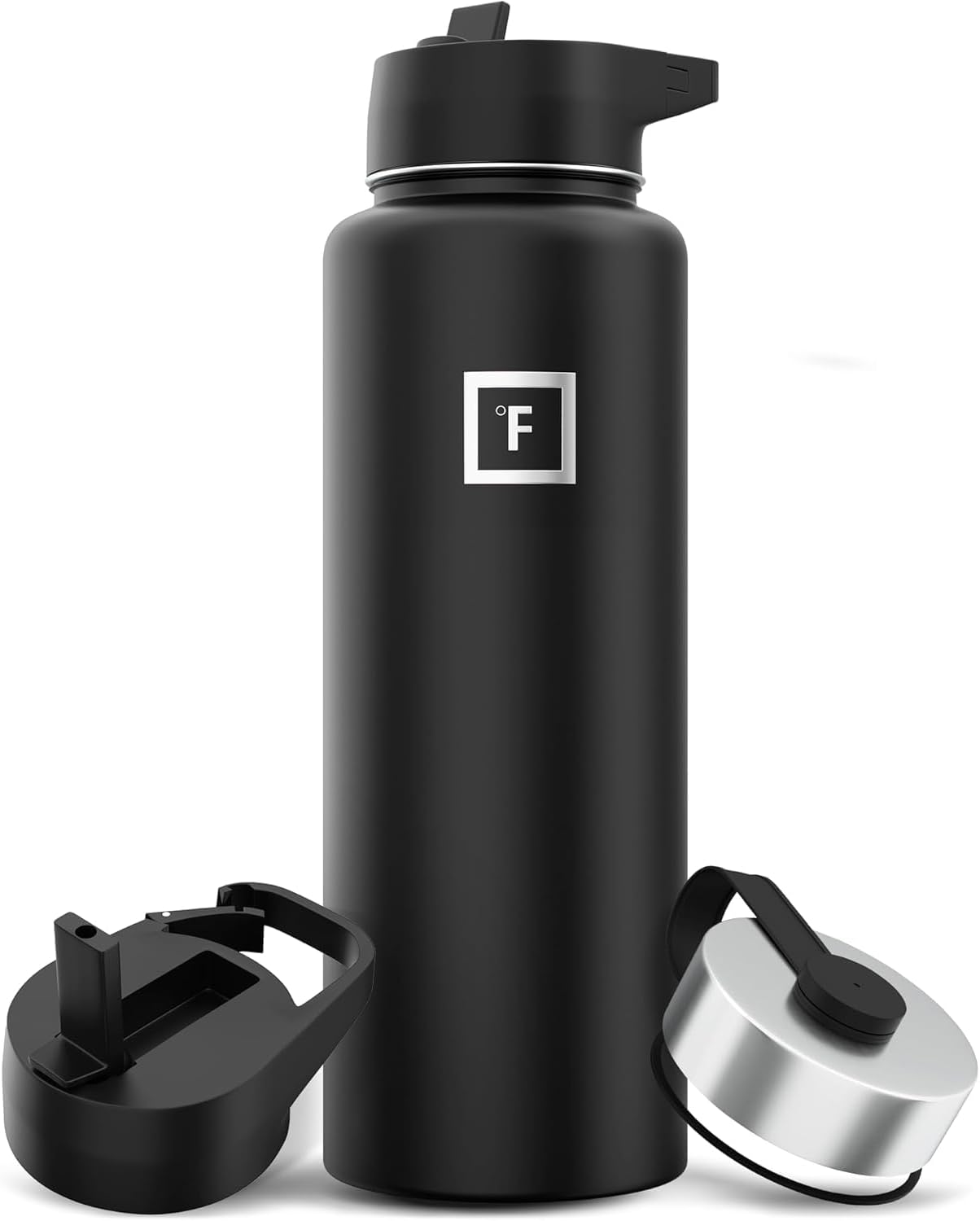 IRON °FLASK Camping & Hiking Hydration Flask with Straw, Wide Mouth Insulated Stainless Steel Sports Water Bottle - 40 oz Midnight Black