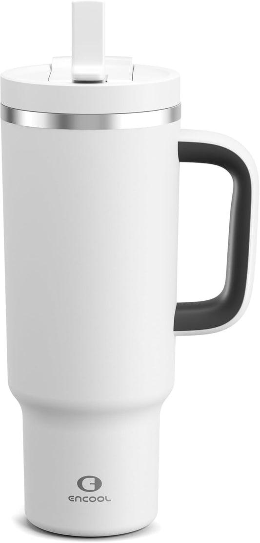 40 oz Tumbler with Handle and Straw: Stainless Steel Insulated Tumbler Keeps Cold for 24 Hours, Leakproof Travel Cup Fits in Cup Holder and BPA-Free, Polar White