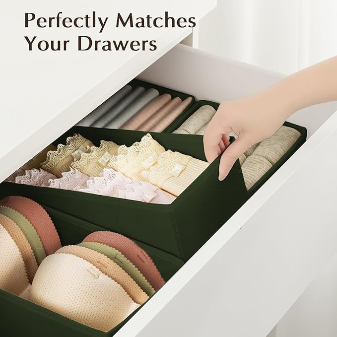 DIMJ Drawer Organizers Clothes, Set of 12 Dresser Organizer Bins, Fabric Closet Organizers and Storage, Shallow Drawer Dividers for Nursery, Clothing, Baby Clothes, Socks, Underwears, Tie (Green)